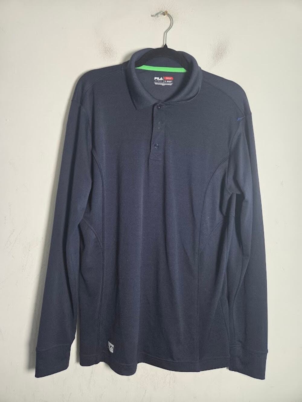 Fila Sport Golf Men Dark Blue Green Trim Long Sleeve Athletic Polo Shirt Small